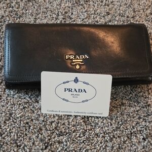 Authentic Prada Continental Flap Wallet – Black Soft Calfskin With Card